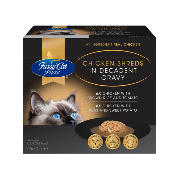 Fussy Cat Luxe Chicken Shreds in Decadent Gravy 12x70g