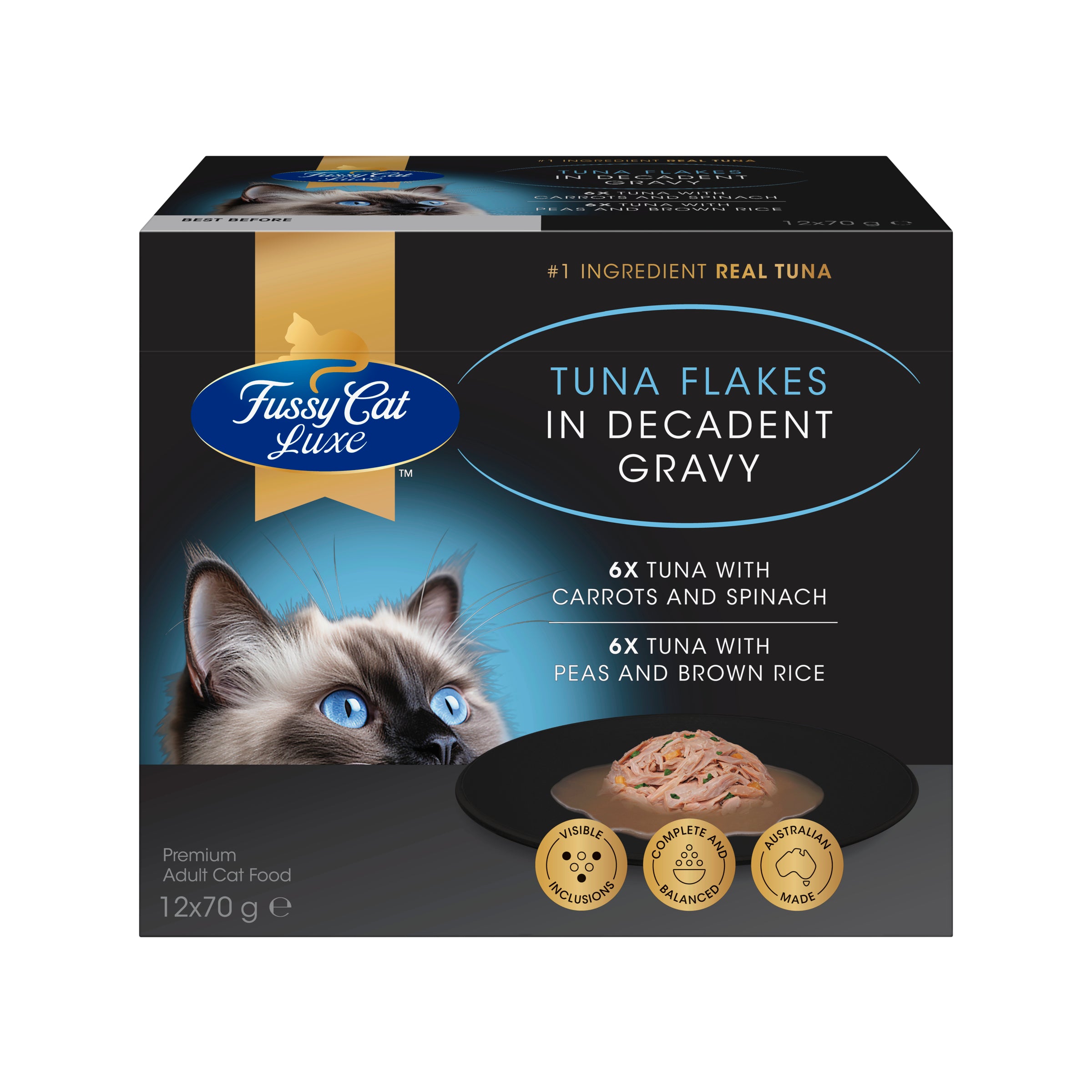 Fussy Cat Luxe Tuna Flakes in Decadent Gravy 12x70g