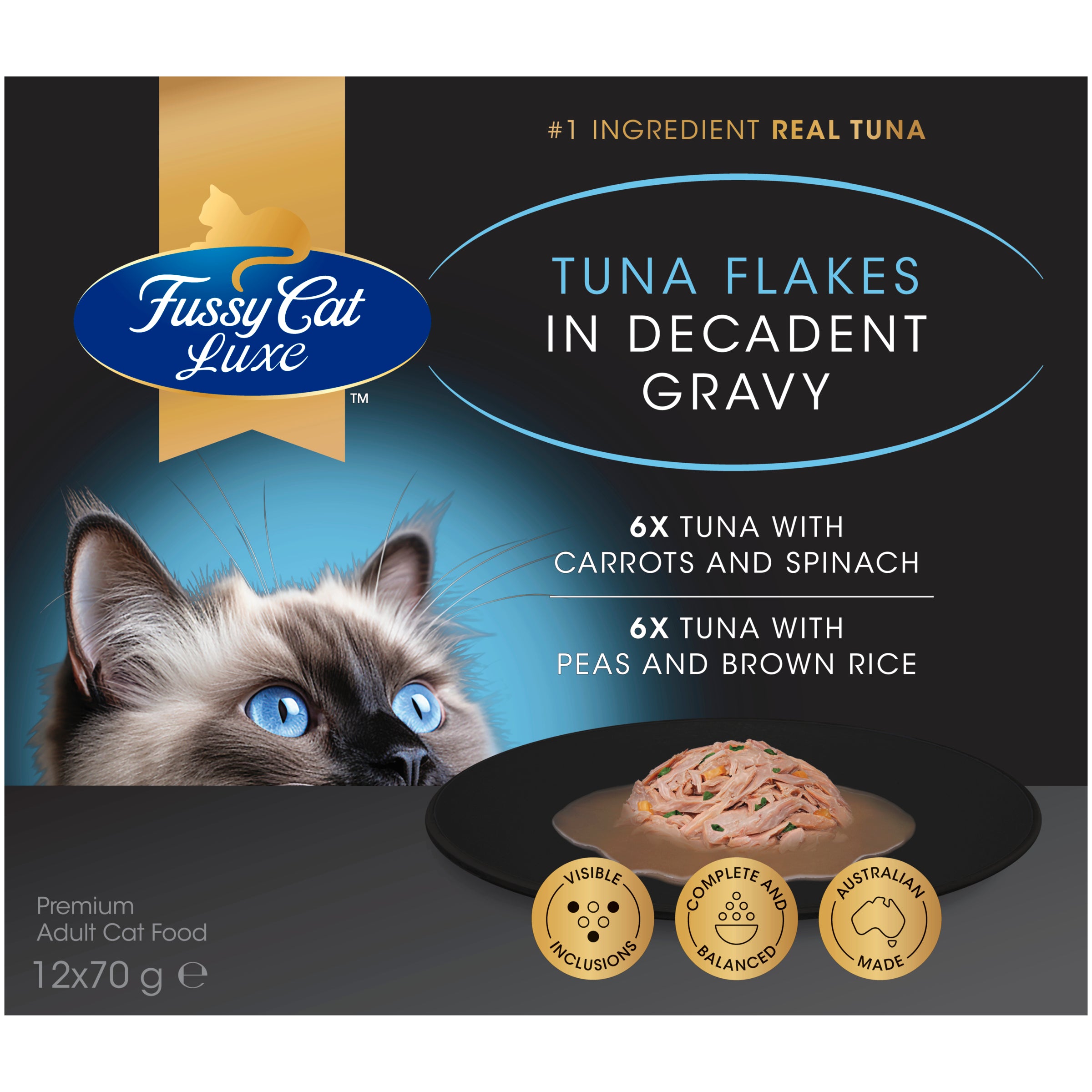 Fussy Cat Luxe Tuna Flakes in Decadent Gravy 12x70g