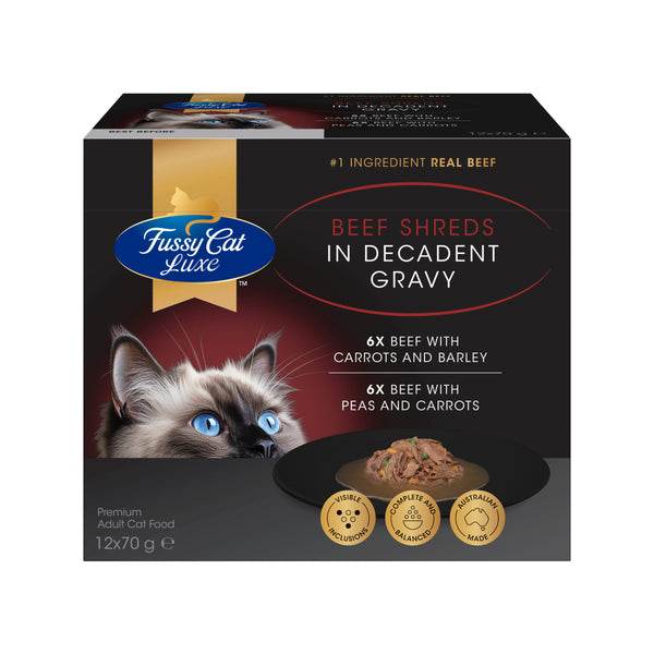 Fussy Cat Luxe Beef Shreds in Decadent Gravy 12x70g