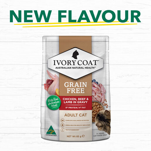 IVORY COAT Grain Free Adult Wet Cat Food Chicken, Beef & Lamb in Gravy 85g