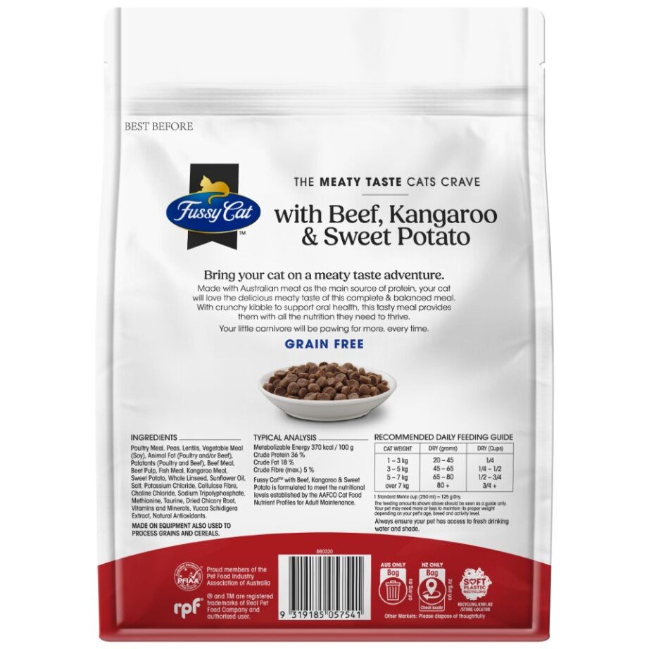 Fussy Cat Grain Free with Beef, Kangaroo with Sweet Potato Dry Cat Food 500g