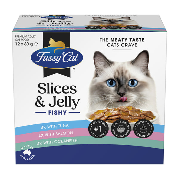 Fussy Cat Twice as Tasty Grain Free Slices & Jelly Fishy Wet Cat Food 12x80g