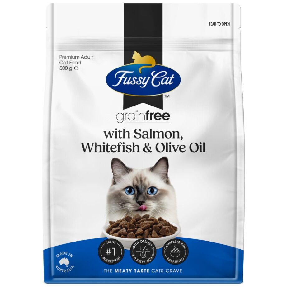 Fussy Cat Grain Free With Salmon, Whitefish & Olive Oil Dry Cat Food 500g