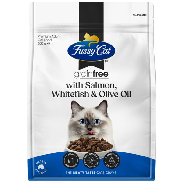 Fussy Cat Grain Free With Salmon, Whitefish & Olive Oil Dry Cat Food 500g