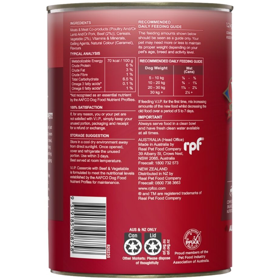 V.I.P. Petfoods Adult Dog Casserole with Beef & Vegetable 1.2kg Wet Food