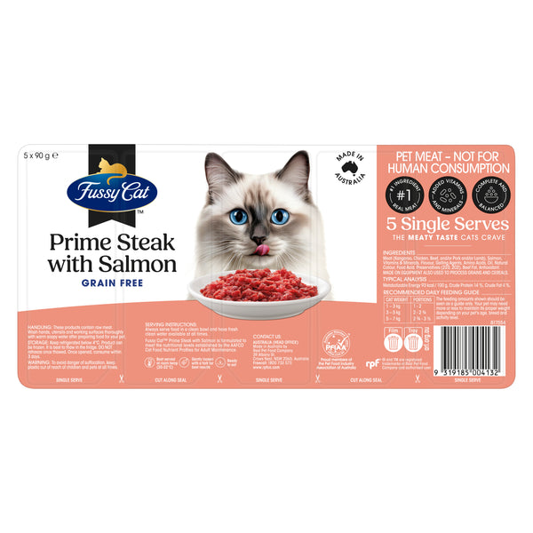 Fussy Cat Grain Free Prime Steak with Salmon Chilled Cat Food 5 x 90g