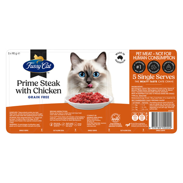 Fussy Cat Grain Free Prime Steak Mince with Chicken Chilled Cat Food 5 x 90g