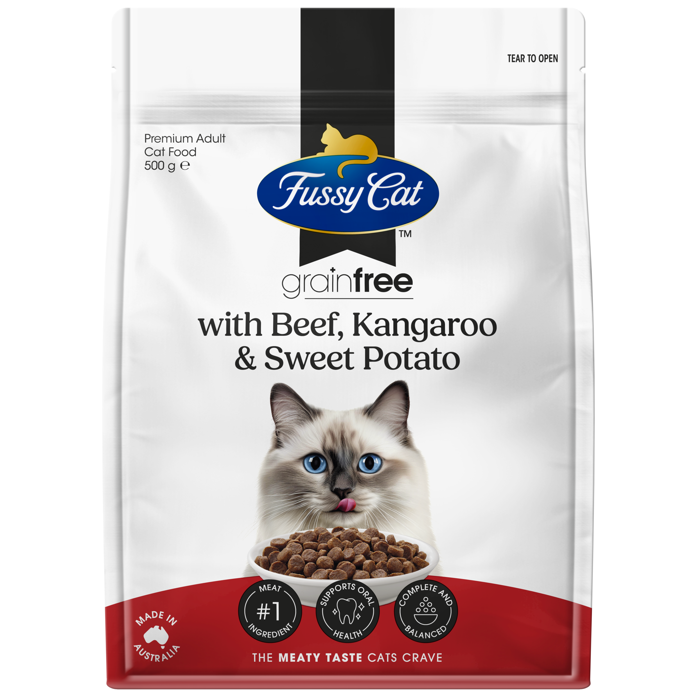 Fussy Cat Grain Free with Beef, Kangaroo with Sweet Potato Dry Cat Food 500g