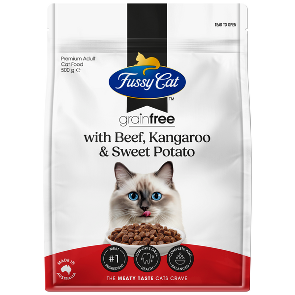 Fussy Cat Grain Free with Beef, Kangaroo with Sweet Potato Dry Cat Food 500g