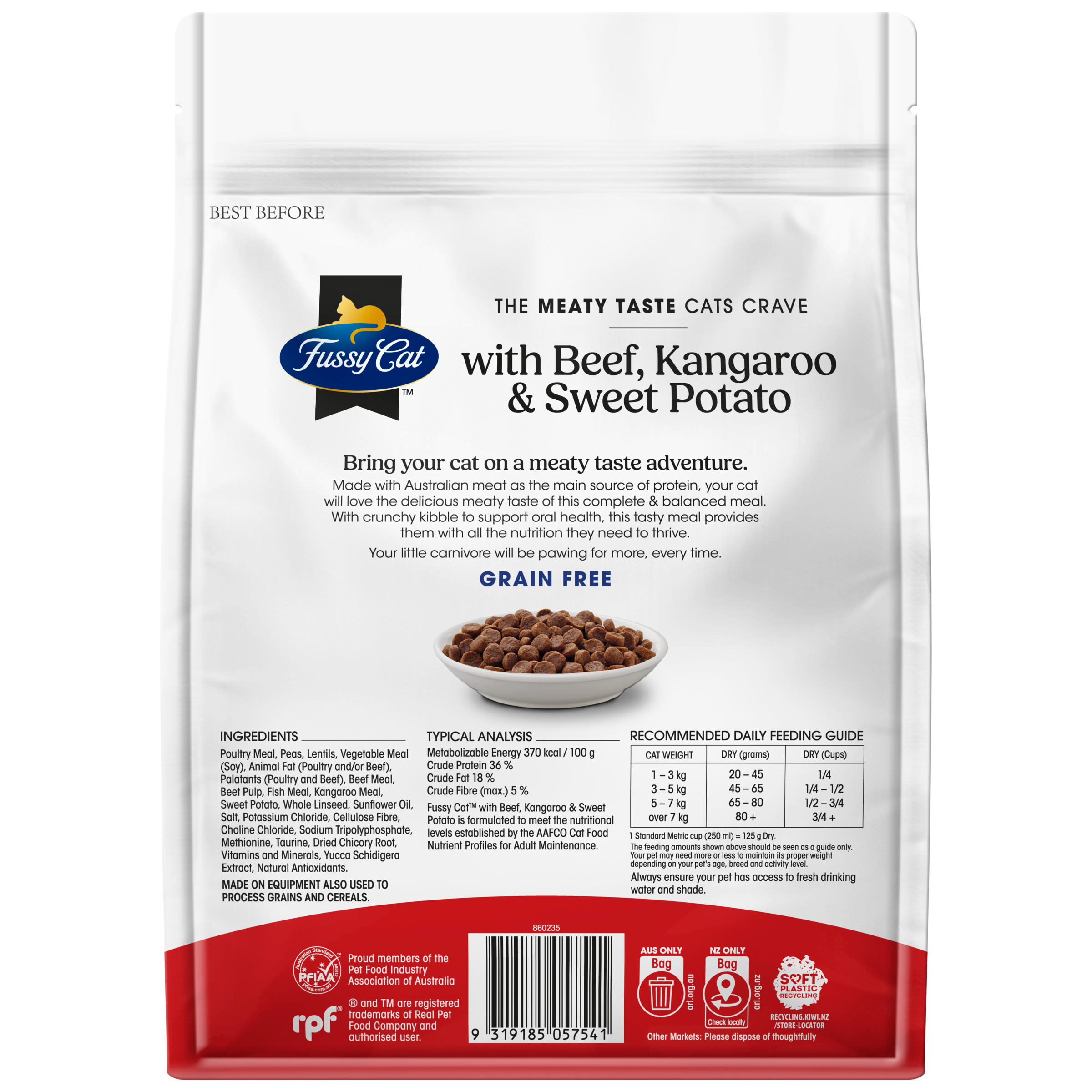 Fussy Cat Grain Free with Beef, Kangaroo with Sweet Potato Dry Cat Food 500g