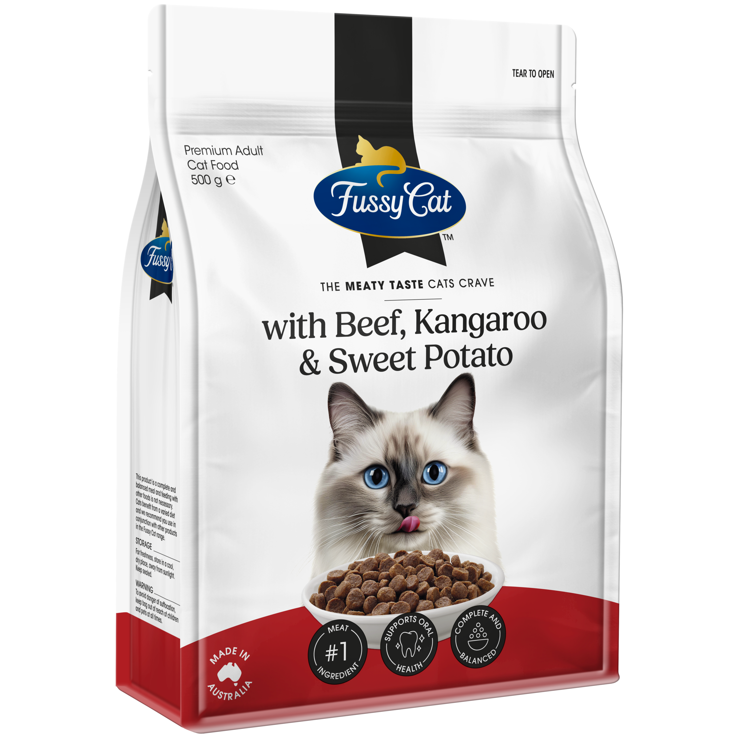 Fussy Cat Grain Free with Beef, Kangaroo with Sweet Potato Dry Cat Food 500g