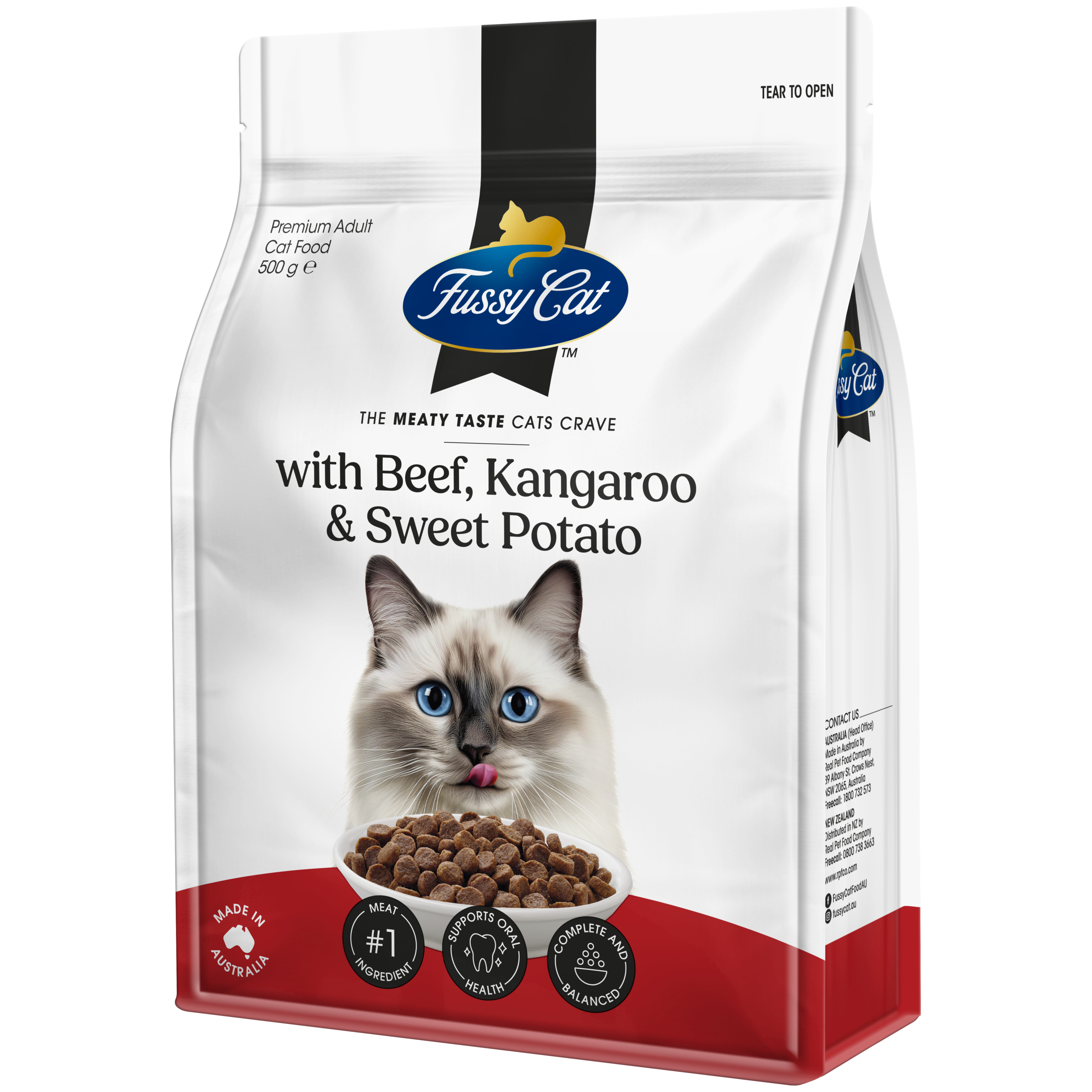 Fussy Cat Grain Free with Beef, Kangaroo with Sweet Potato Dry Cat Food 500g