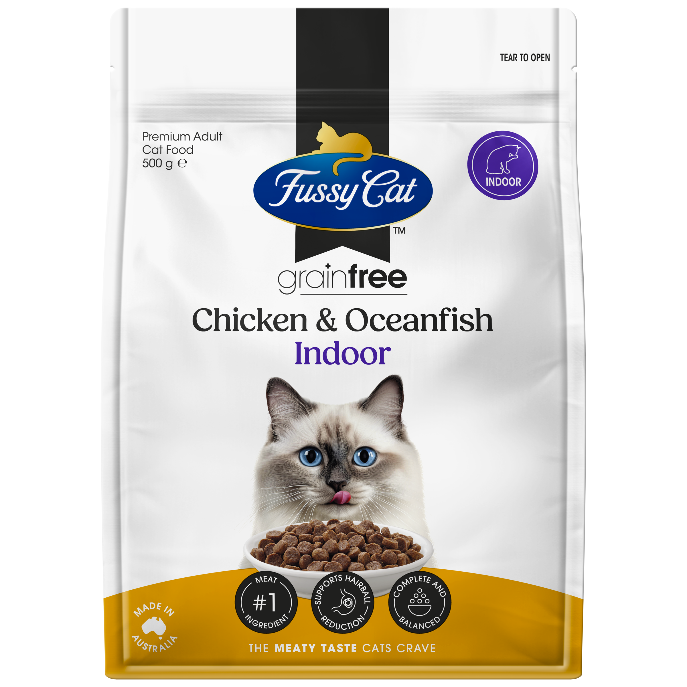 Fussy Cat Grain Free Indoor Chicken & Oceanfish Dry Cat Food 500g