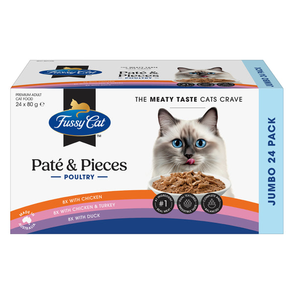 Fussy Cat Grain Free Adult Wet Cat Food Twice as Tasty Pate & Pieces Poultry Picks 24x80g Jumbo Pack