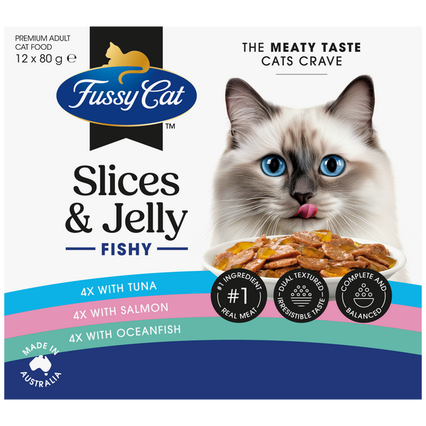 Fussy Cat Twice as Tasty Grain Free Slices & Jelly Fishy Wet Cat Food 12x80g