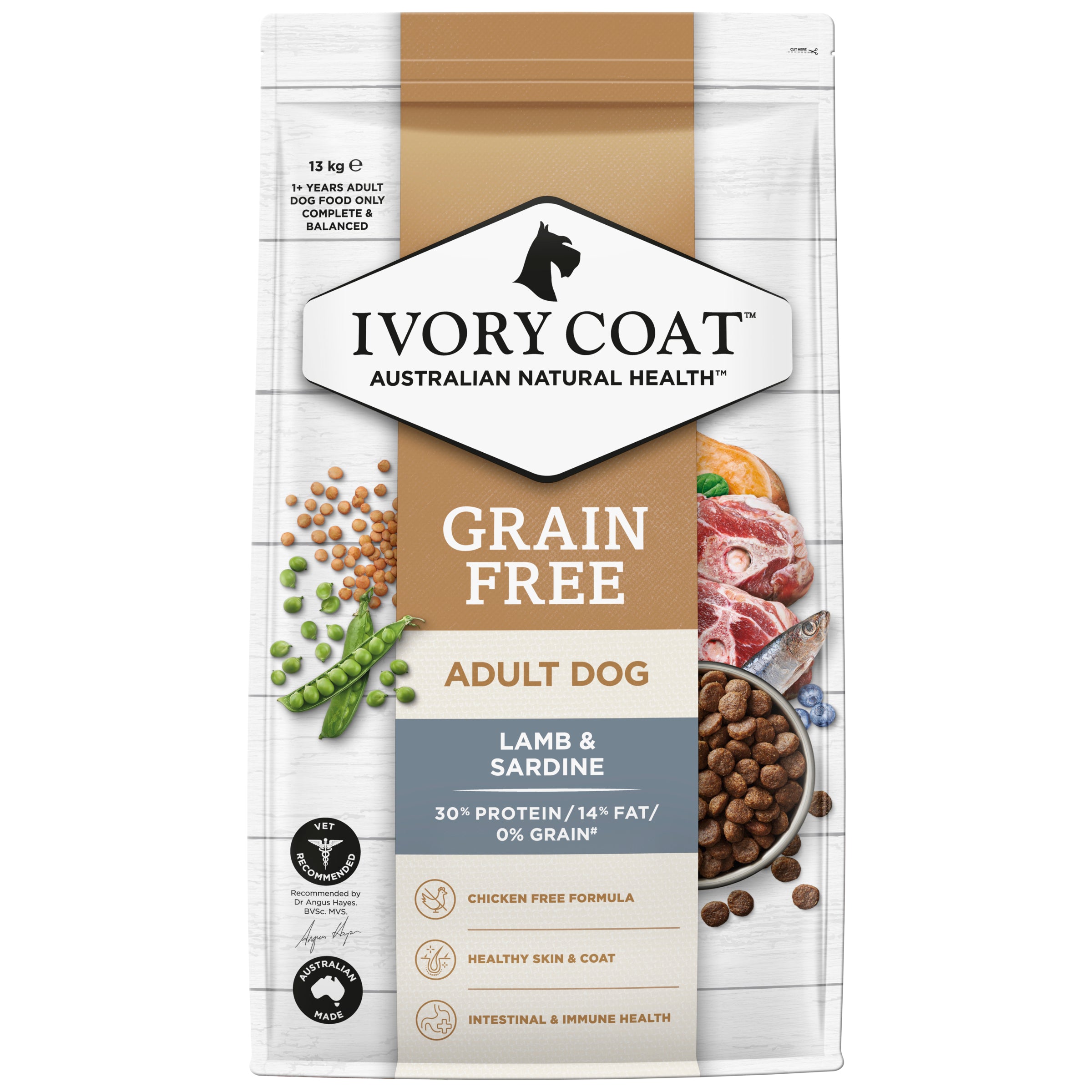 IVORY COAT Grain Free Adult Dry Dog Food Lamb & Sardine 13kg