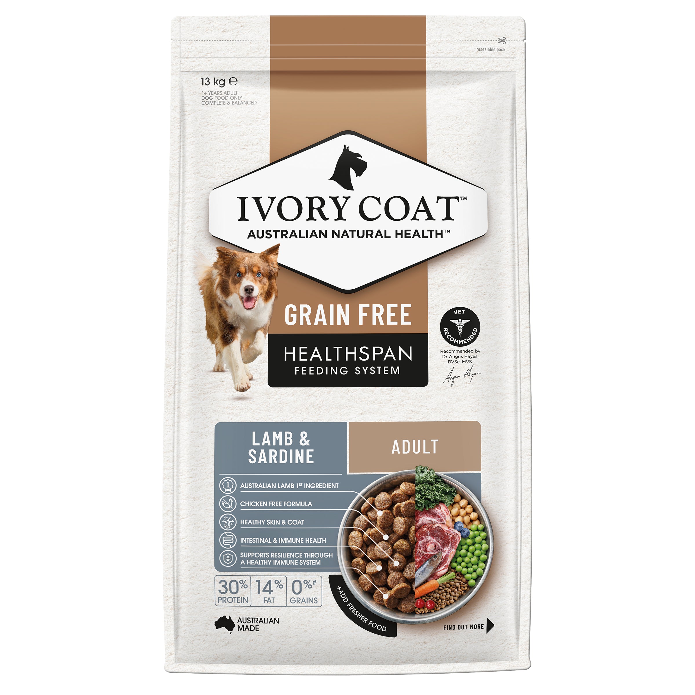 IVORY COAT Grain Free Adult Dry Dog Food Lamb & Sardine 13kg