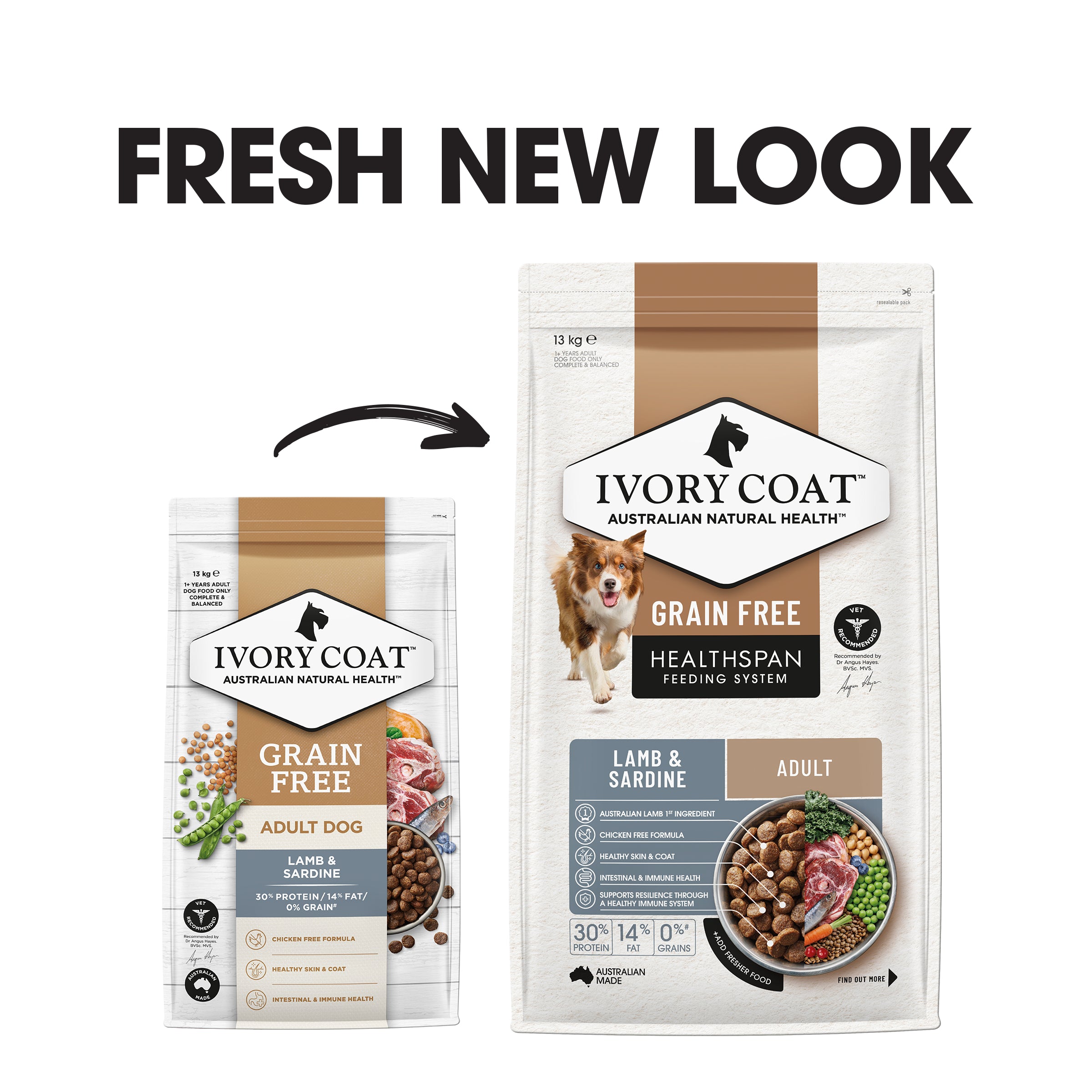 IVORY COAT Grain Free Adult Dry Dog Food Lamb & Sardine 13kg