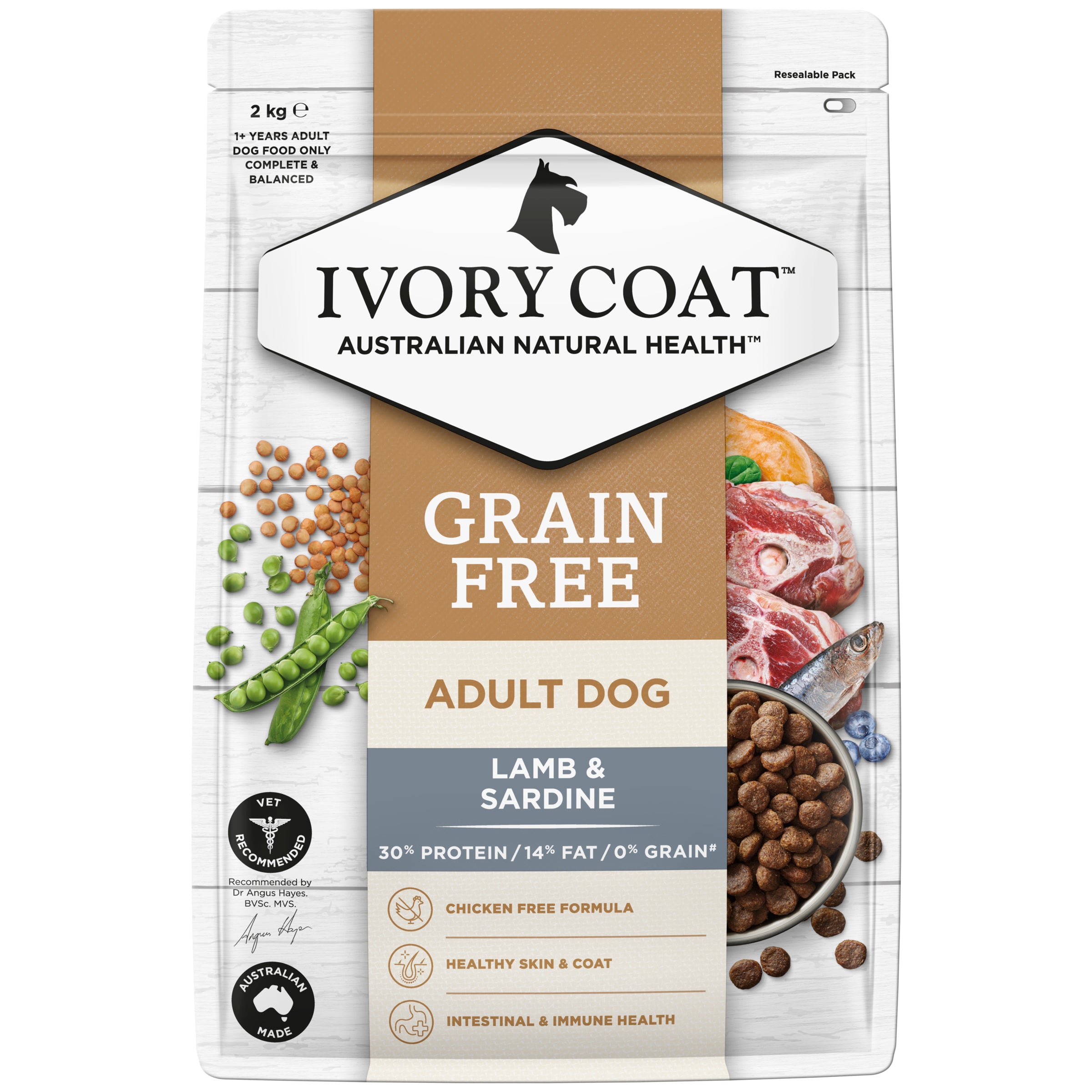 IVORY COAT Grain Free Adult Dry Dog Food Lamb & Sardine 2kg