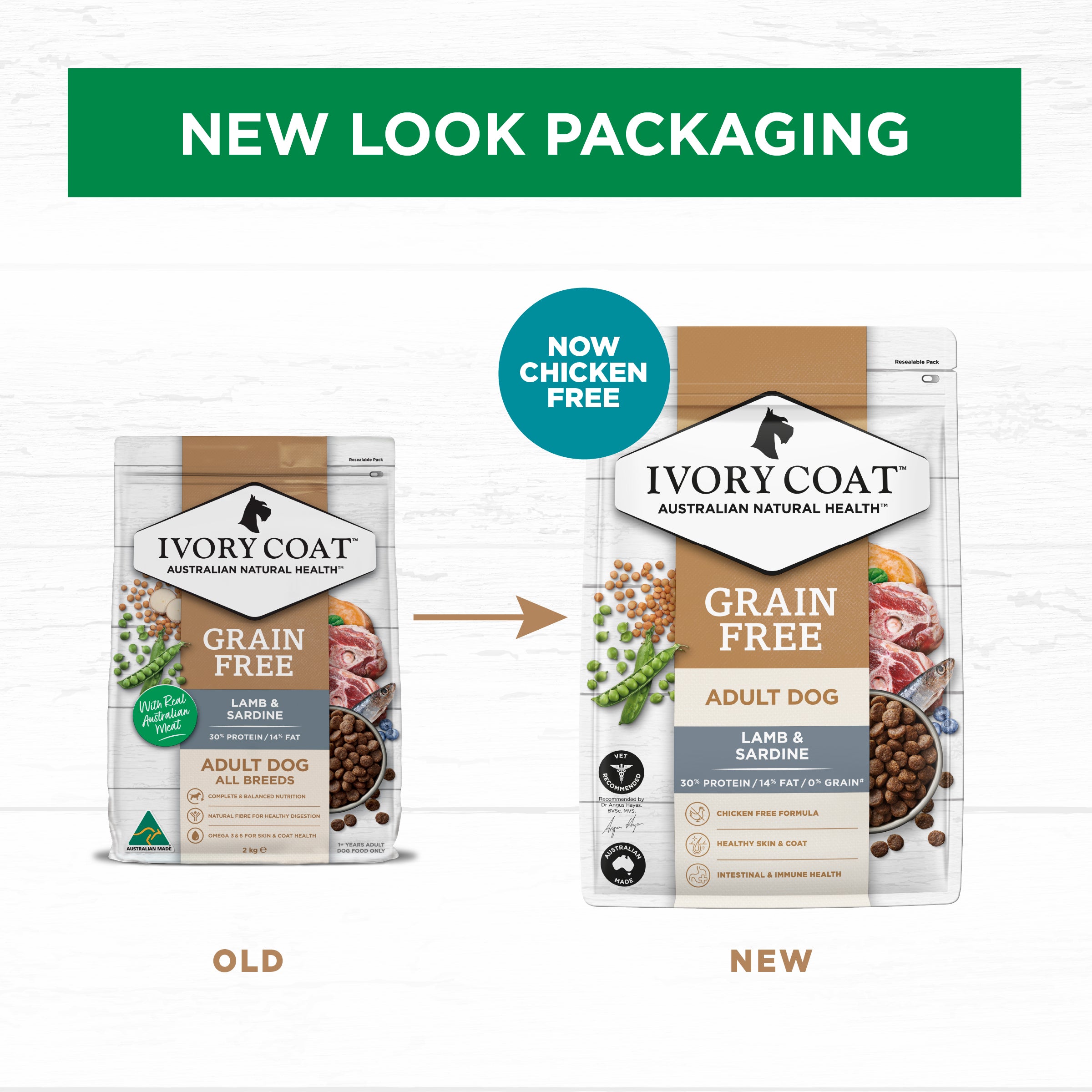 IVORY COAT Grain Free Adult Dry Dog Food Lamb & Sardine 2kg