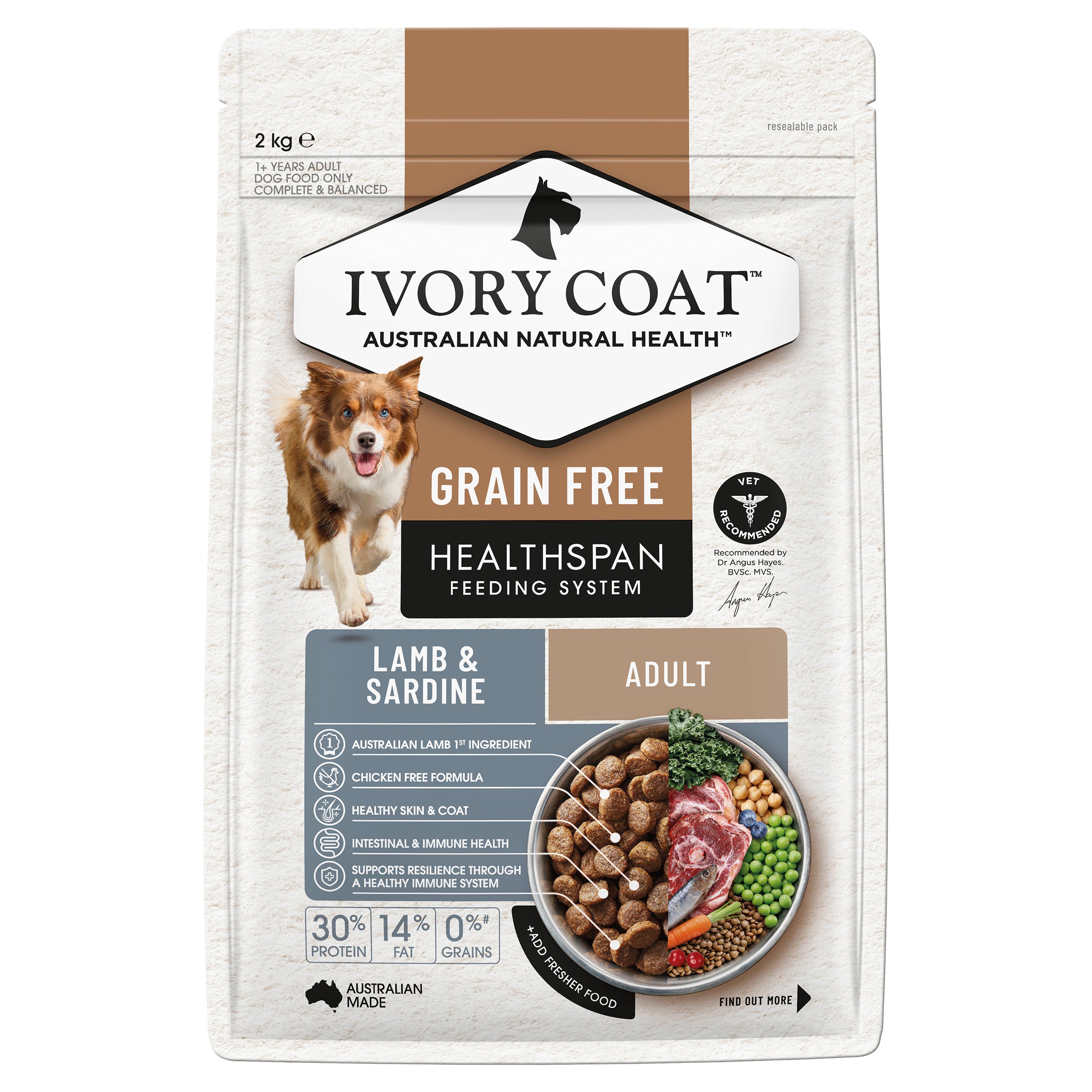 IVORY COAT Grain Free Adult Dry Dog Food Lamb & Sardine 2kg