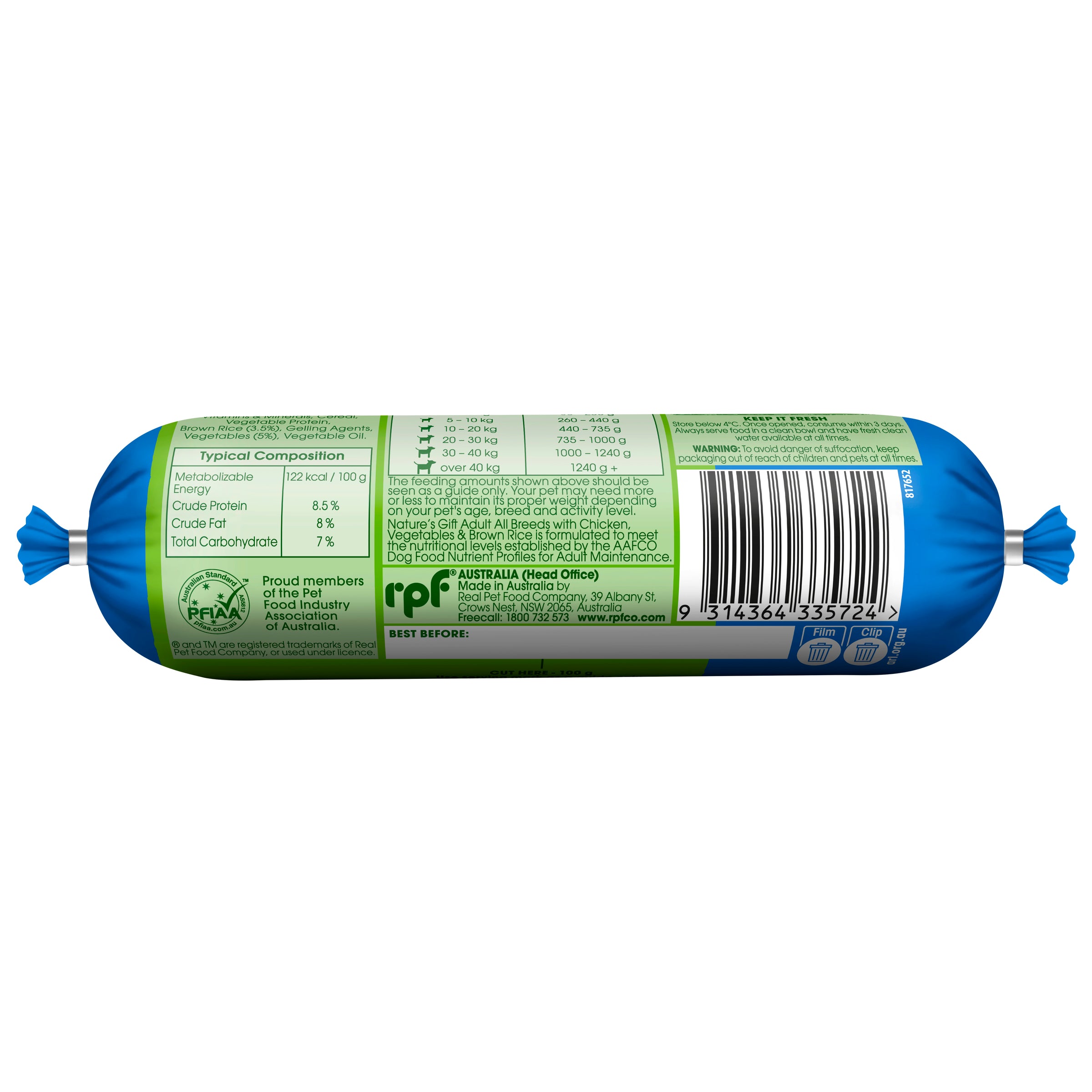 Nature's Gift Fresh Dog Roll with Chicken Brown Rice & Vegetables 200g