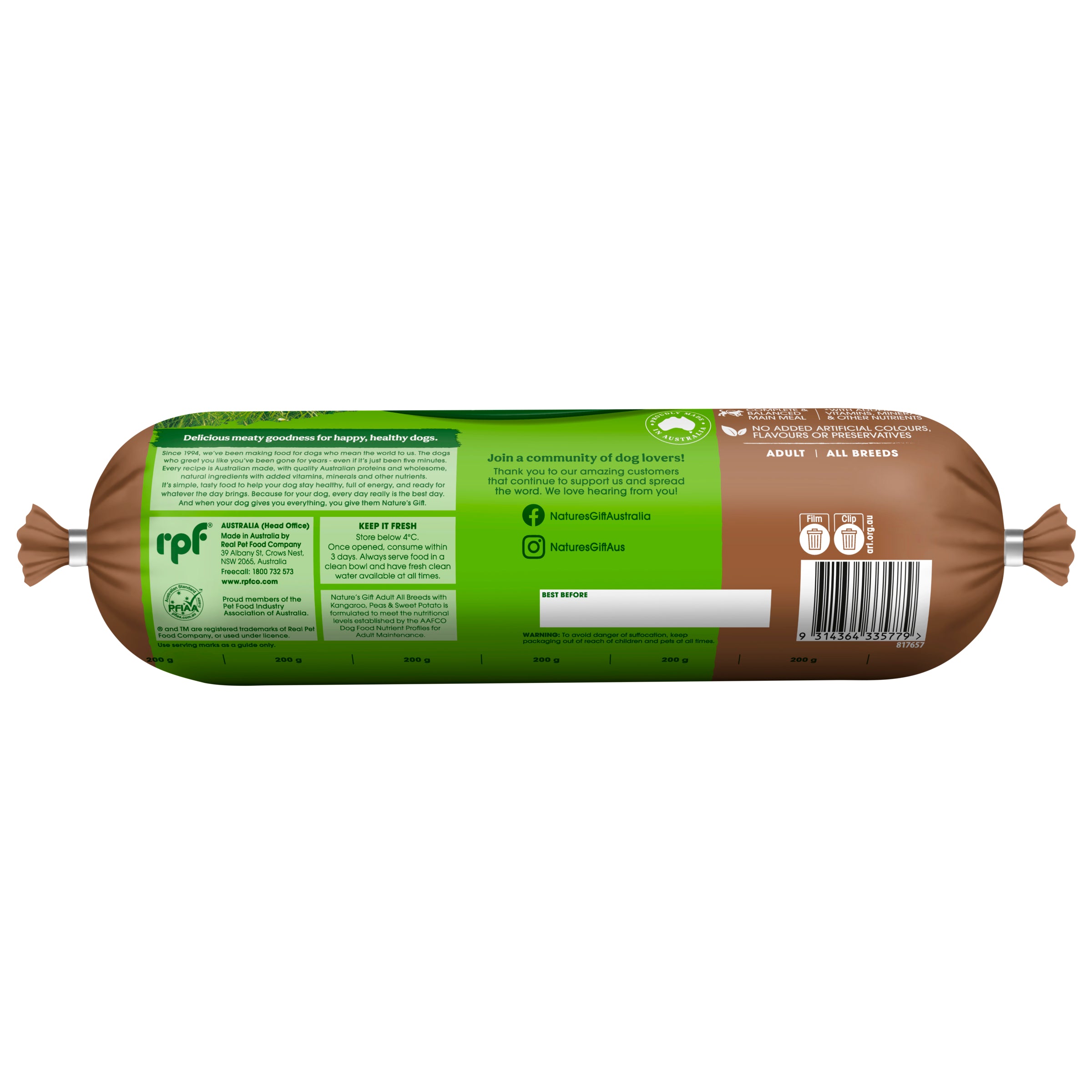 Nature's Gift Fresh Dog Roll with Kangaroo, Sweet Potato & Peas 1.4kg