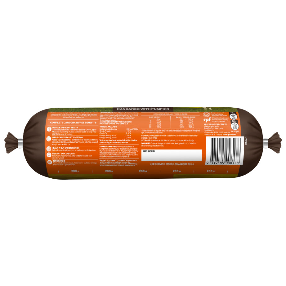 Natures Goodness Grain Free Complete Care Kangaroo with Pumpkin 1.4kg roll