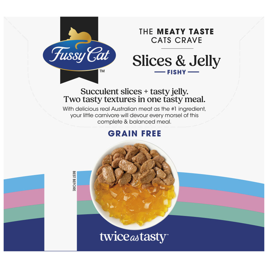 Fussy Cat Twice as Tasty Grain Free Slices & Jelly Fishy Wet Cat Food 12x80g