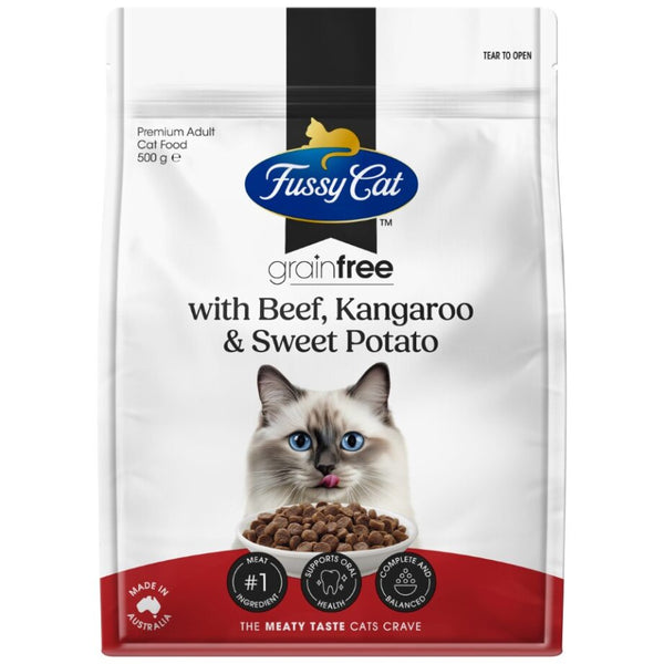 Fussy Cat Grain Free with Beef, Kangaroo with Sweet Potato Dry Cat Food 500g