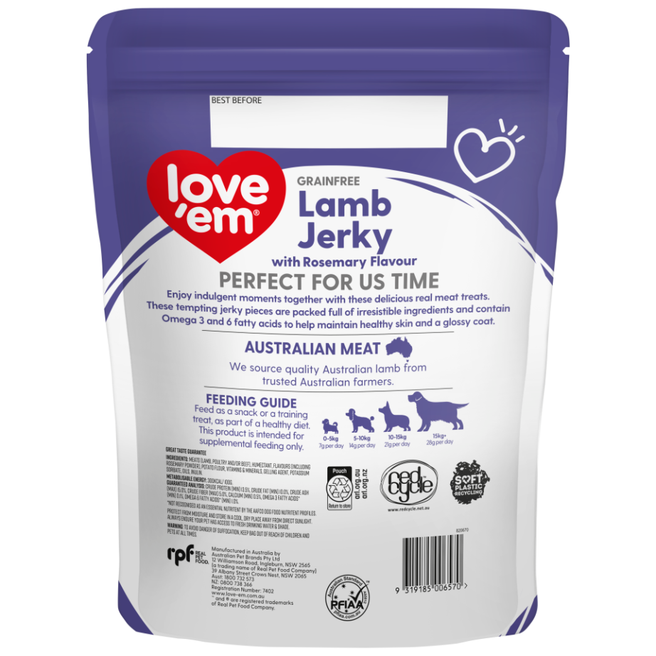 love'em Grain Free Lamb Jerky with Rosemary Flavour Dog Treats 1kg
