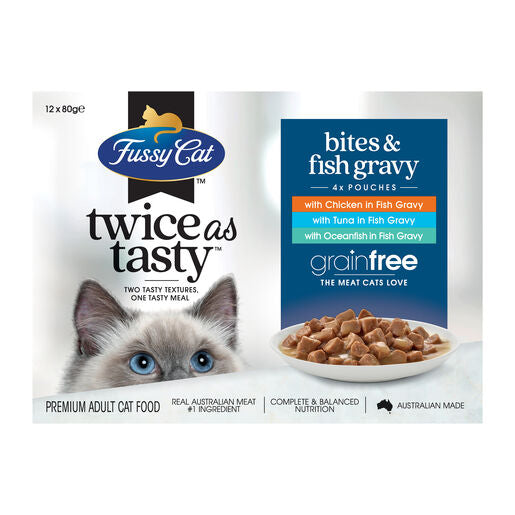 Fussy Cat Twice as Tasty Grain Free Bites & Fish Gravy Wet Cat Food 12x80g