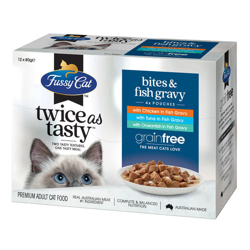 Fussy Cat Twice as Tasty Grain Free Bites & Fish Gravy Wet Cat Food 12x80g