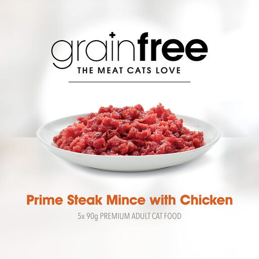 Fussy Cat Grain Free Prime Steak Mince with Chicken Chilled Cat Food 5 x 90g