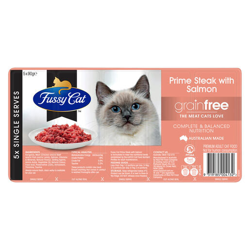 Fussy Cat Grain Free Prime Steak with Salmon Chilled Cat Food 5 x 90g