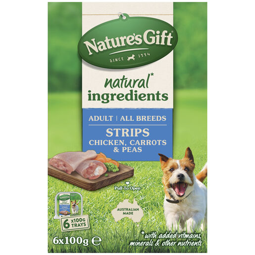 Nature's Gift Adult All Breeds Wet Dog Food Strips Chicken with Carrots & Peas 6 x 100g Trays