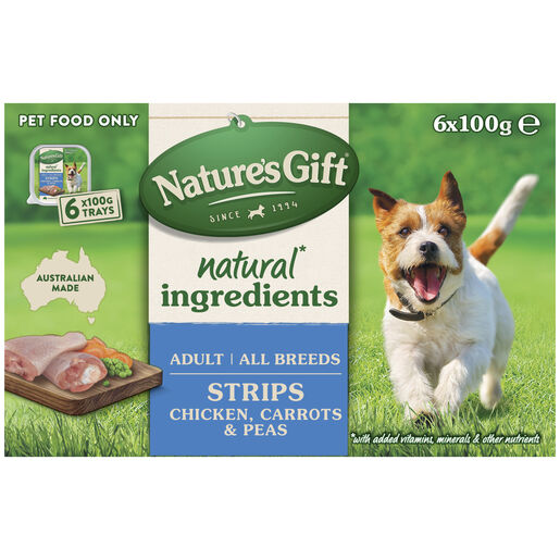 Nature's Gift Adult All Breeds Wet Dog Food Strips Chicken with Carrots & Peas 6 x 100g Trays