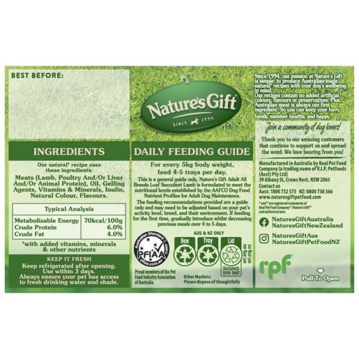 Nature's Gift Loaf Succulent Lamb Adult Wet Dog Food 100g x 6 Pack