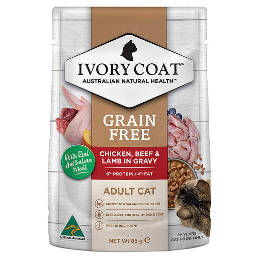 IVORY COAT Grain Free Adult Wet Cat Food Chicken, Beef & Lamb in Gravy 85g