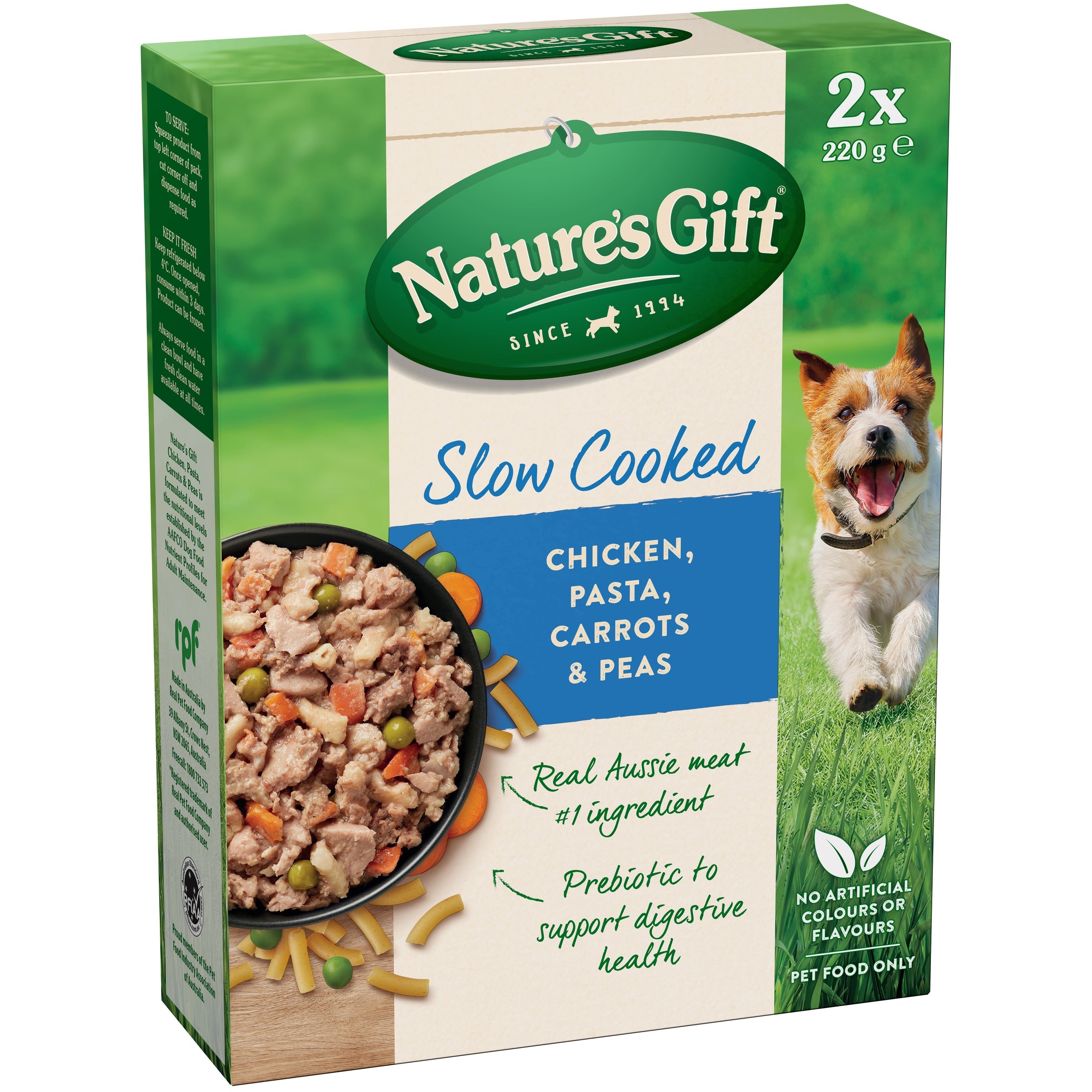 Nature's Gift Slow Cooked Chicken, Pasta, Carrot & Peas, Ready to Serve Meal, Chilled Dog Food 2x 220g