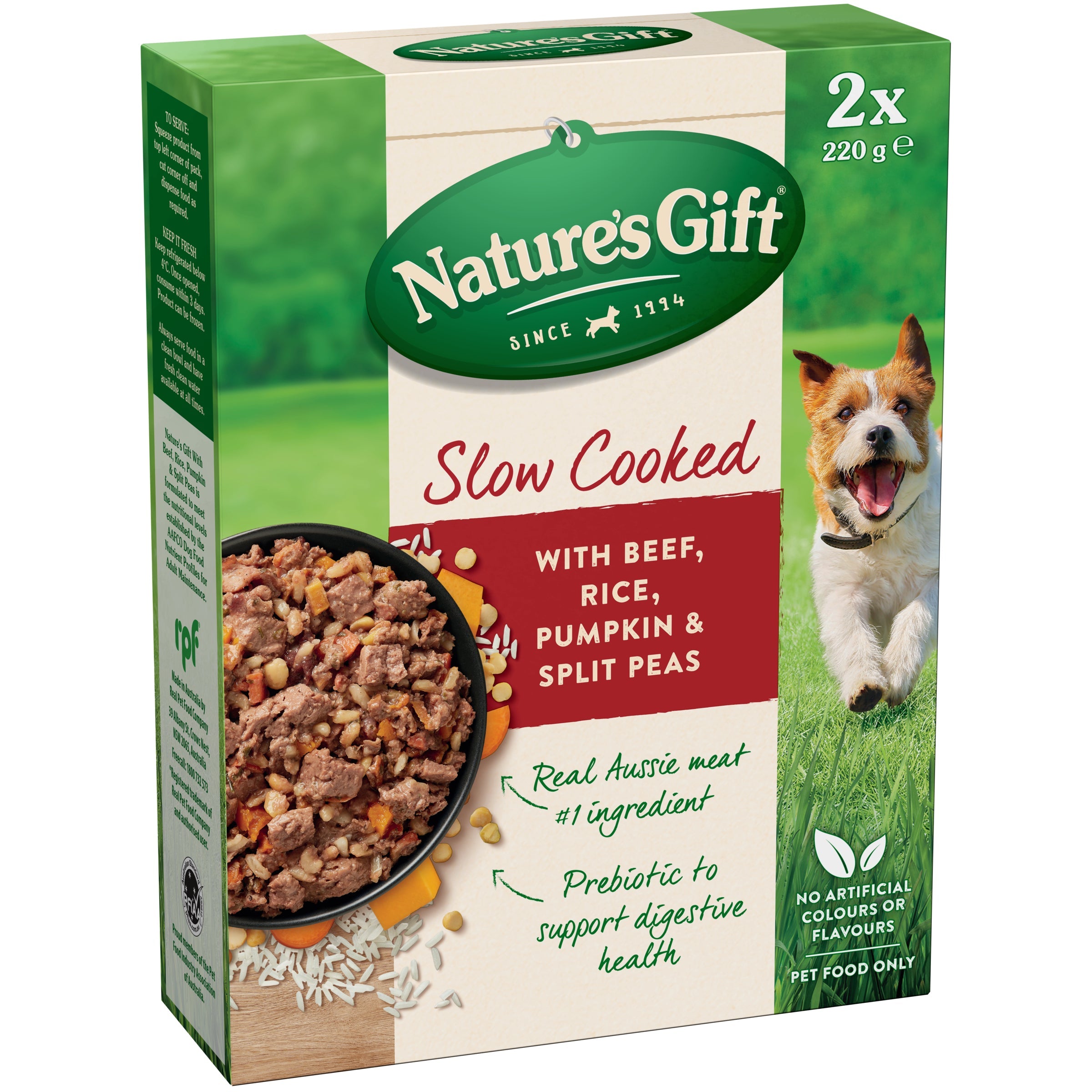 Nature's Gift Slow Cooked With Beef, Rice, Pumpkin & Split Peas, Ready to Serve Meal, Chilled Dog Food 2x 220g